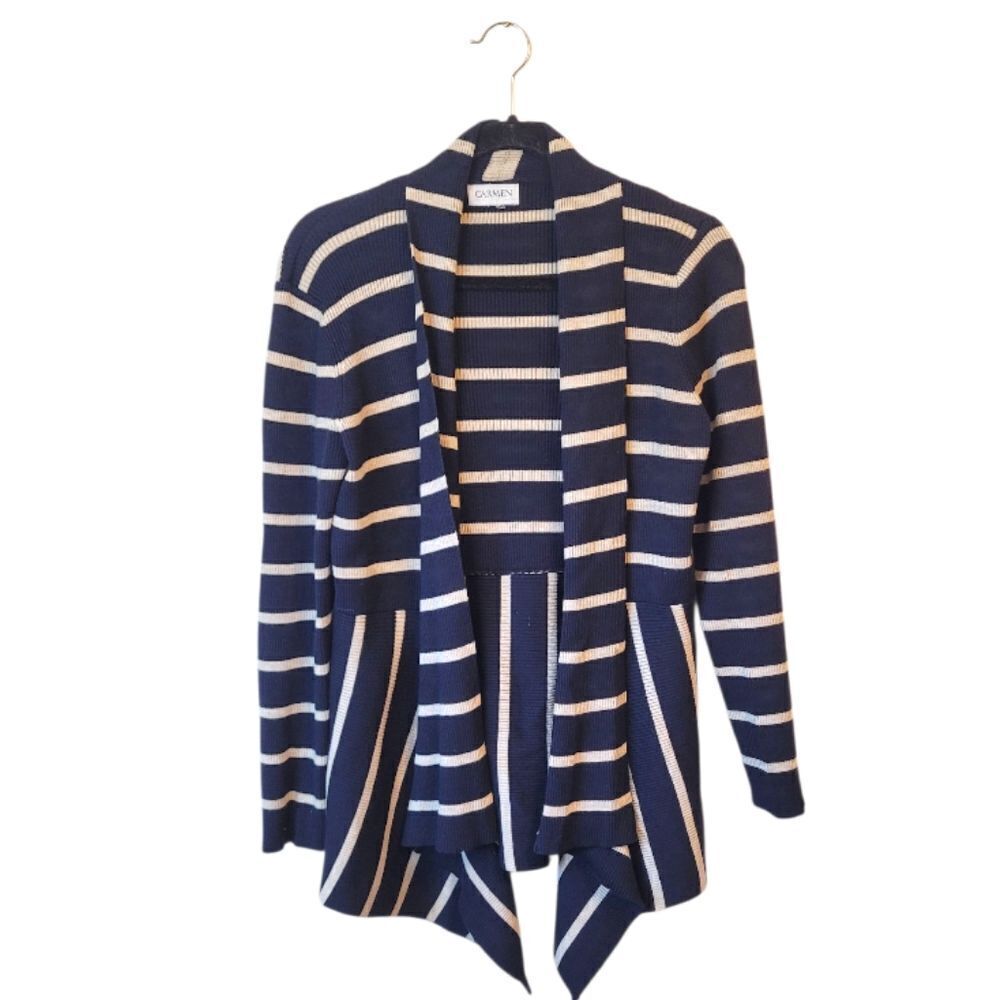Carmen Marc Valvo Women's Navy Blue And Cream Striped Cardigan Size S